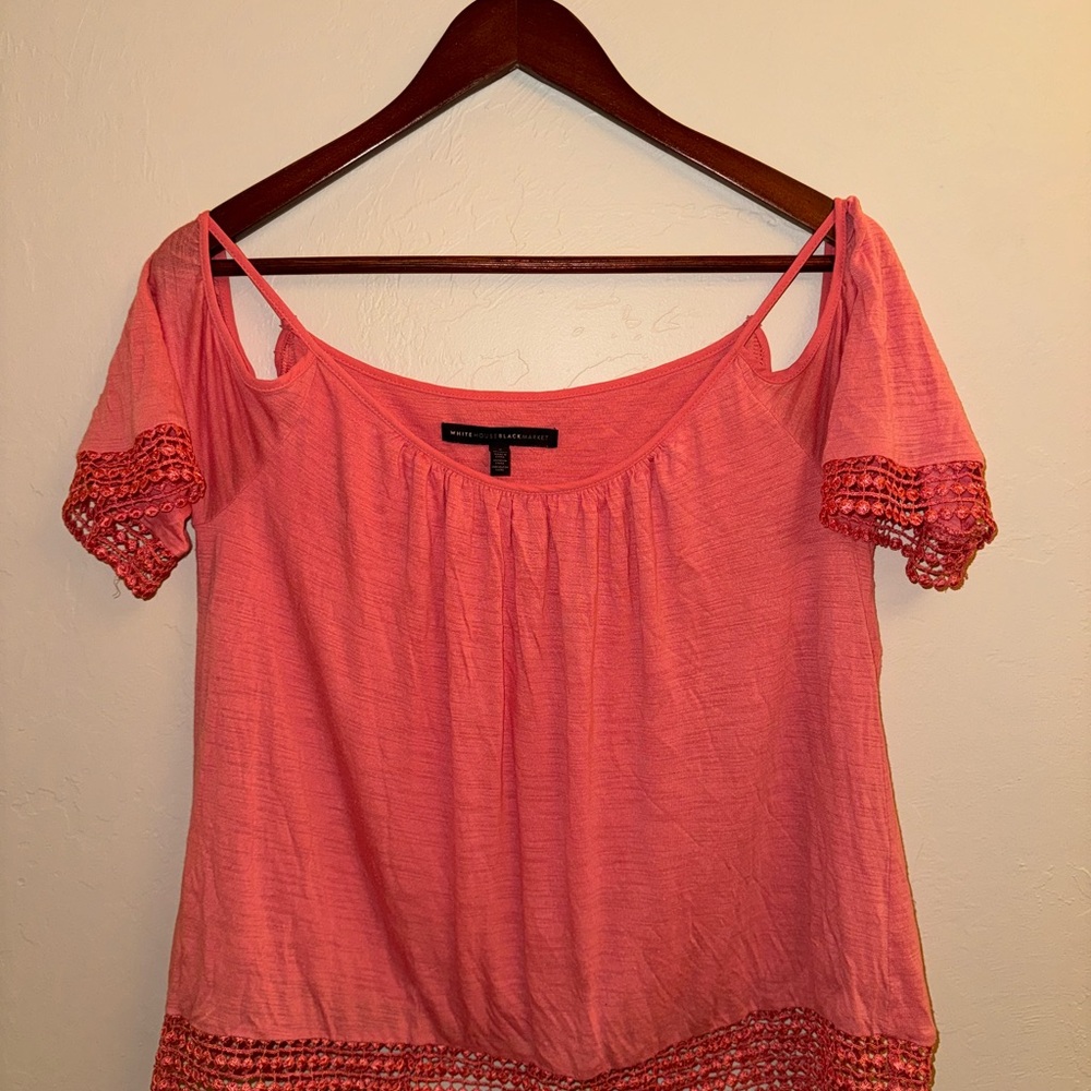 White House Black Market Coral Women's Off the Shoulder Top with Crochet Details